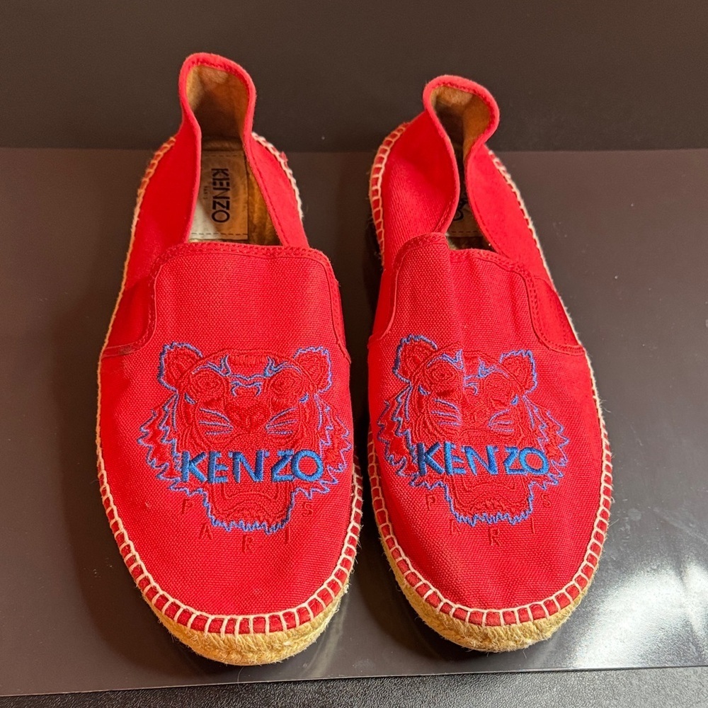 KENZO Paris Red Tiger Head Embroidered Canvas Espadrilles Women Size 42 or 12 - Picture 2 of 10